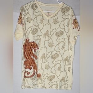 Christian Audigier Vintage Men’s Tiger Crown T-Shirt Size Large Cream Y2K